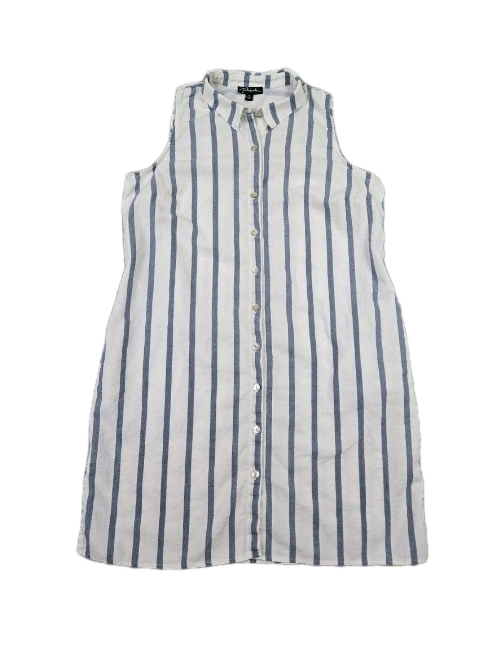 Linen Blend Tshirt Midi Dress Pearl Button Sleeveless Blue White Stripe Nautical